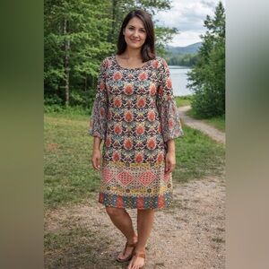 Tacera Multicolor Boho Midi Dress with Bell Sleeves
